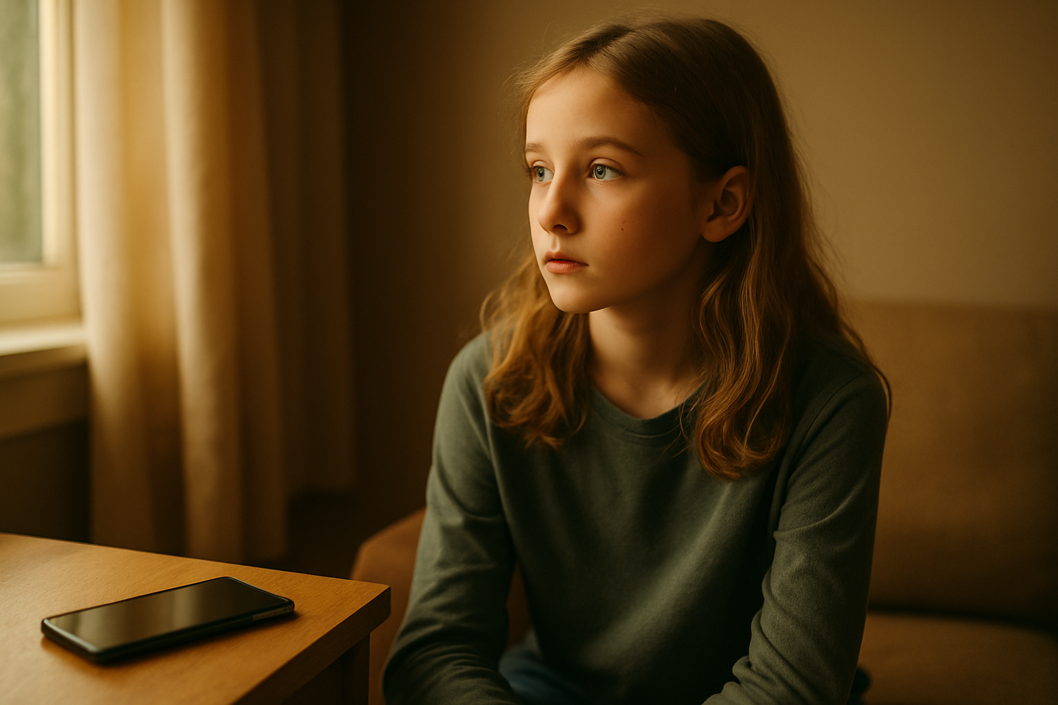 A thoughtful gifted child looking distant in a softly lit room, symbolising digital overstimulation